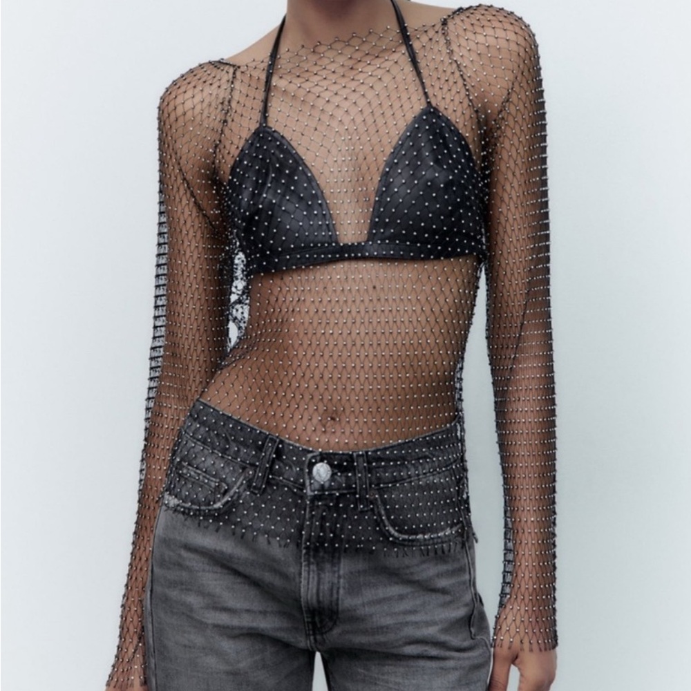 Black Mesh Long Sleeve Top